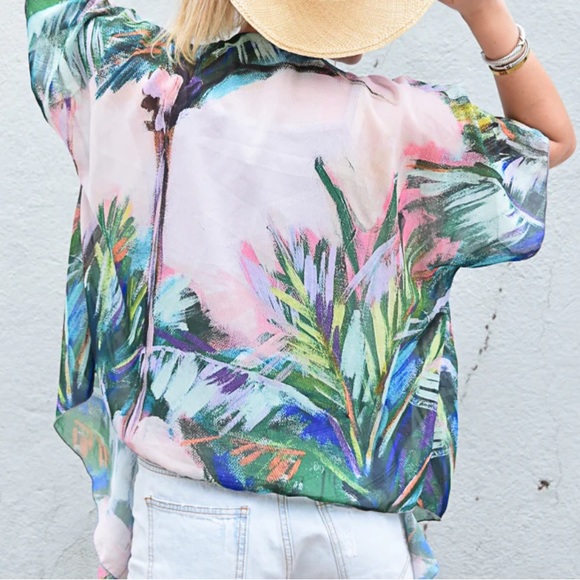 C. Brooke Ring Palm Print Draped Kimono M/L - Picture 3 of 9